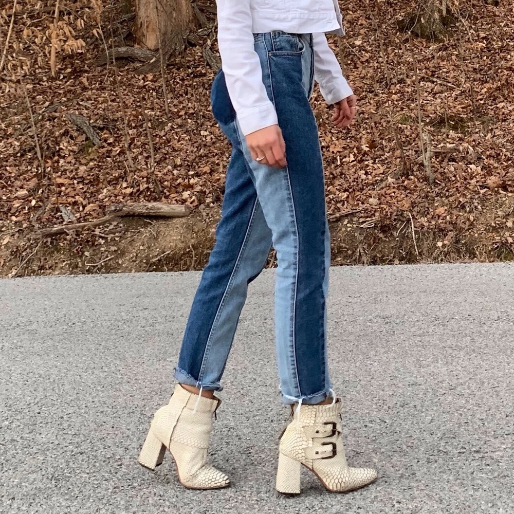 patchwork denim mom jean.